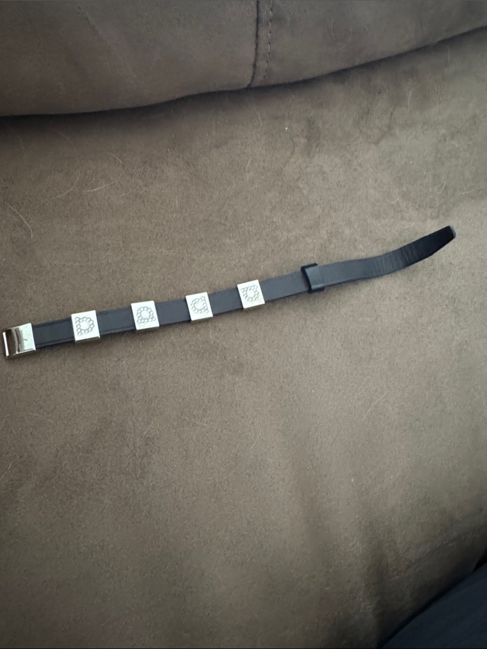 Salvatore Ferragamo Black Leather Bracelet w Silver Crystal Logo Squares Small - Picture 7 of 8